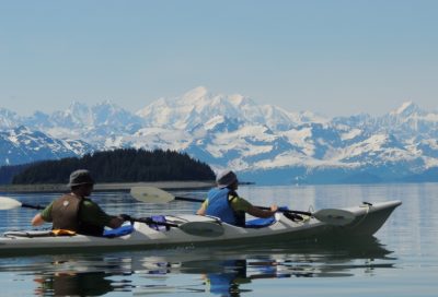 Paddling in Glacier Bay with Mt. Fairweather in the distance
