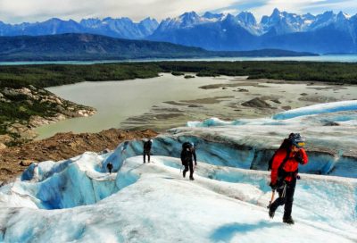 Glacier trekking training group navigating crevasses and ice ridges in Alaska’s wilderness.