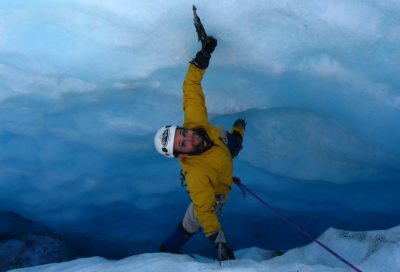 Glacier crevasse ice climbing on a mountaineering skills course in Alaska.